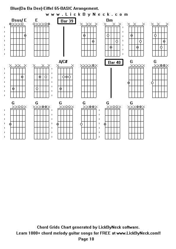 Chord Grids Chart of chord melody fingerstyle guitar song-Blue(Da Ba Dee)-Eiffel 65-BASIC Arrangement,generated by LickByNeck software.